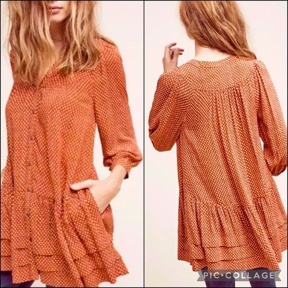 Anthro Holding Horses Rust Print Tiered Ruffle Babydoll Peasant Blouse Top - Picture 2 of 10
